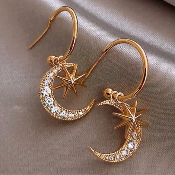 Gold Rhinestone Moon & Star Dangle Earrings - Picture 6 of 6